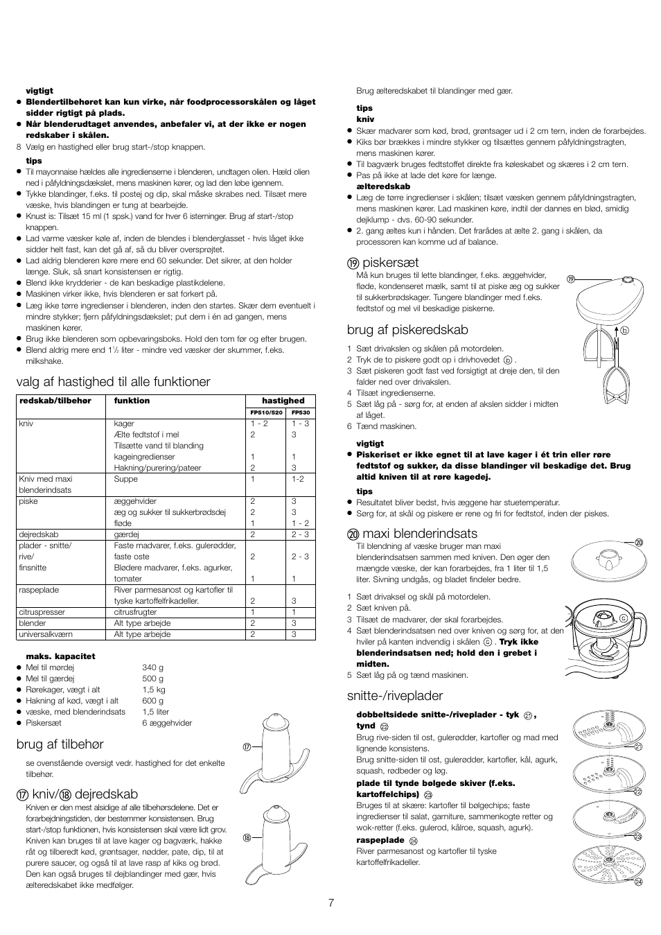 Valg af hastighed til alle funktioner, Brug af tilbehør, Kniv | Dejredskab, Piskersæt, Brug af piskeredskab, Maxi blenderindsats, Snitte-/riveplader | Kenwood FP510 User Manual | Page 10 / 42