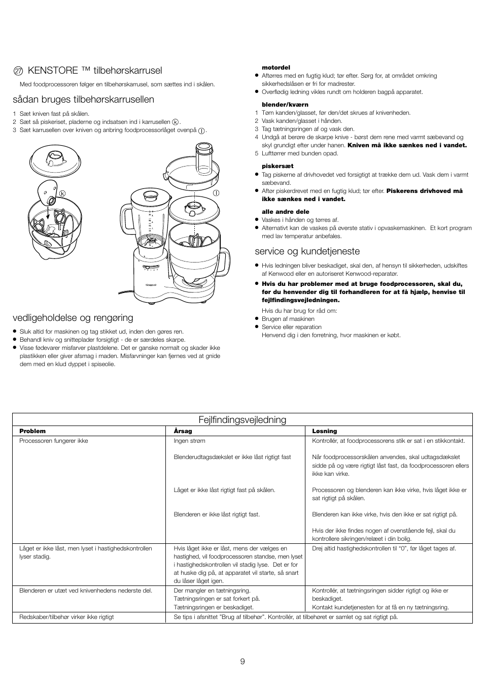 Kenstore ™ tilbehørskarrusel, Sådan bruges tilbehørskarrusellen, Vedligeholdelse og rengøring | Service og kundetjeneste, Fejlfindingsvejledning | Kenwood FP510 User Manual | Page 12 / 42