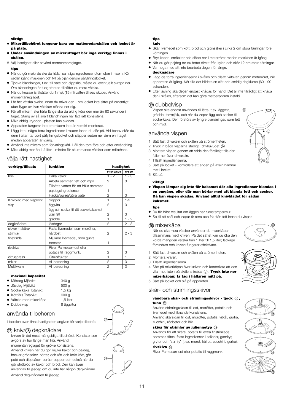 Välja rätt hastighet, Använda tillbehören, Kniv | Degknådare, Dubbelvisp, Använda vispen, Mixerkåpa, Skär- och strimlingsskivor | Kenwood FP510 User Manual | Page 14 / 42