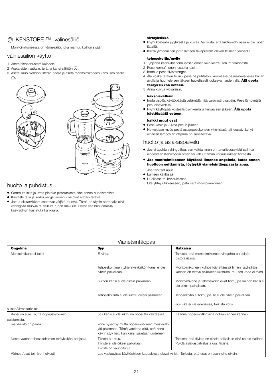 Kenstore ™ -välinesäiliö, Välinesäiliön käyttö, Huolto ja puhdistus | Huolto ja asiakaspalvelu, Vianetsintäopas | Kenwood FP510 User Manual | Page 24 / 42