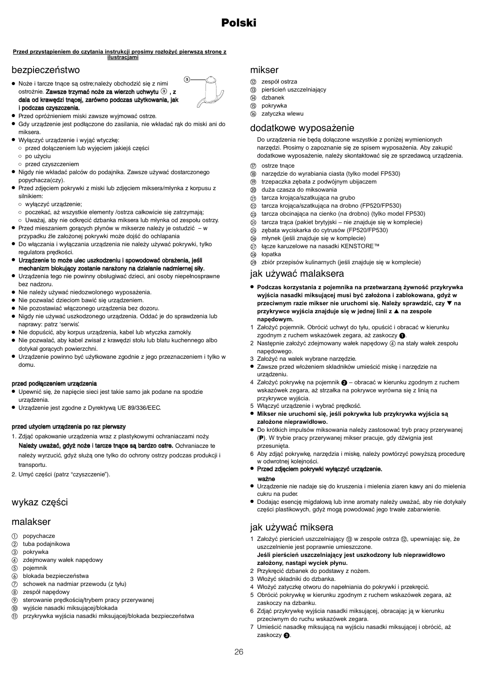 Polski, Mikser, Dodatkowe wyposażenie | Jak używać malaksera, Jak używać miksera, Bezpieczeństwo, Wykaz części malakser | Kenwood FP510 User Manual | Page 29 / 42