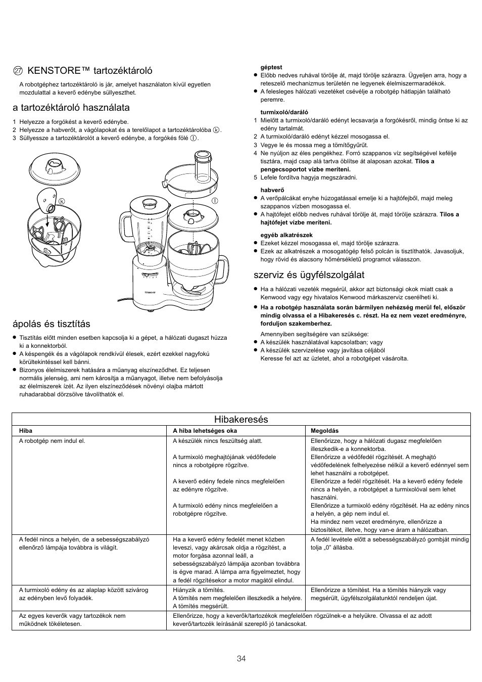 Kenstore™ tartozéktároló, A tartozéktároló használata, Ápolás és tisztítás | Szerviz és ügyfélszolgálat, Hibakeresés | Kenwood FP510 User Manual | Page 37 / 42