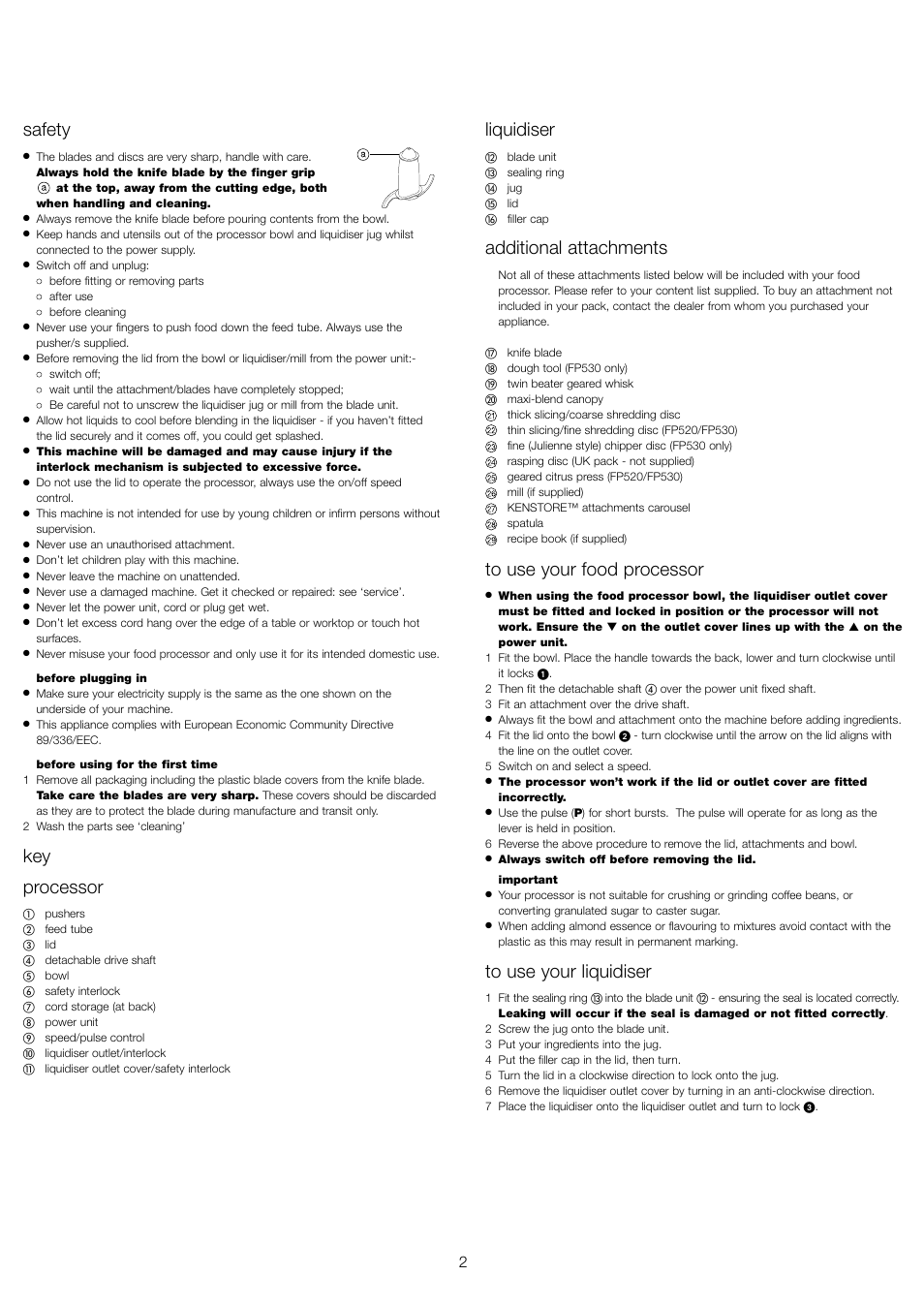 Liquidiser, Additional attachments, Safety | Key processor | Kenwood FP510 User Manual | Page 5 / 42