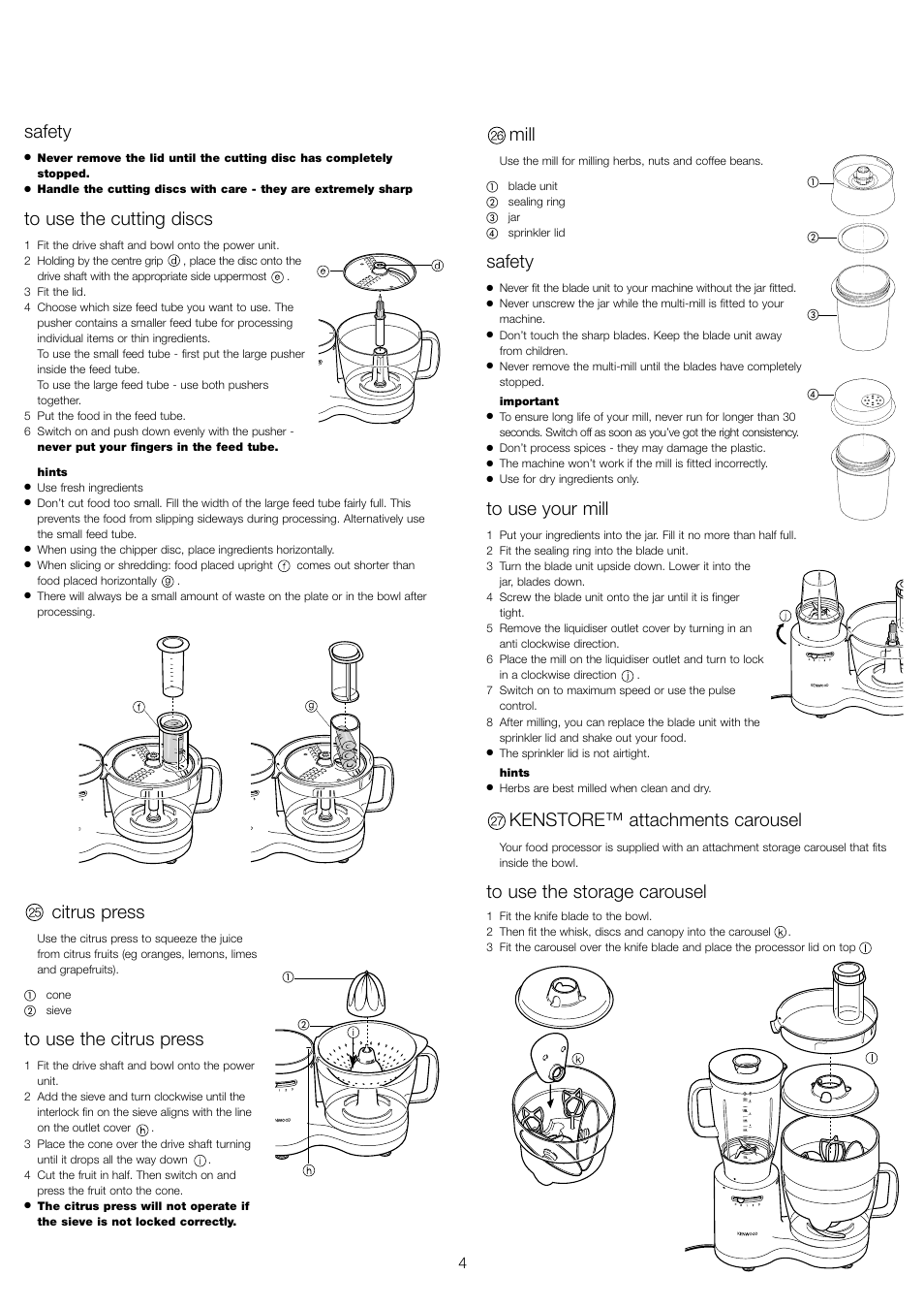 Safety, Citrus press, Mill | Kenstore™ attachments carousel | Kenwood FP510 User Manual | Page 7 / 42