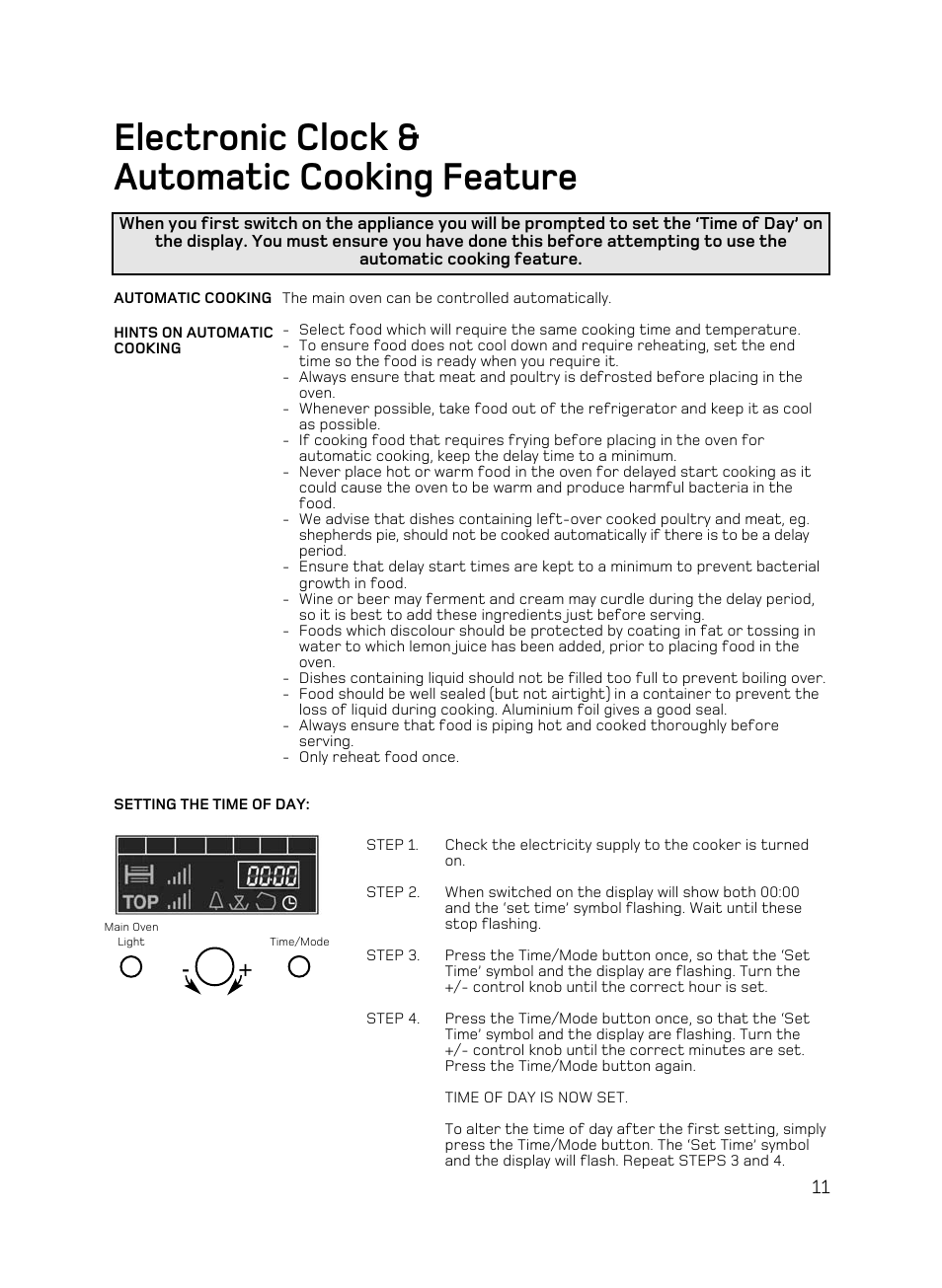 Electronic clock & automatic cooking feature | Hotpoint UE89X1 UQ89I User Manual | Page 11 / 36