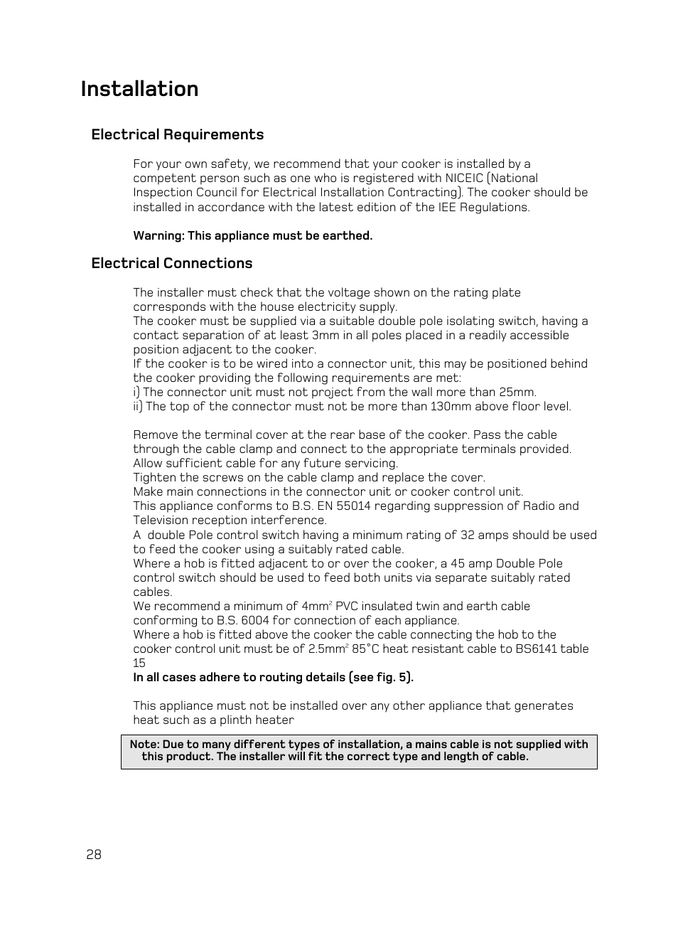 Installation, Electrical requirements, Electrical connections | Hotpoint UE89X1 UQ89I User Manual | Page 28 / 36
