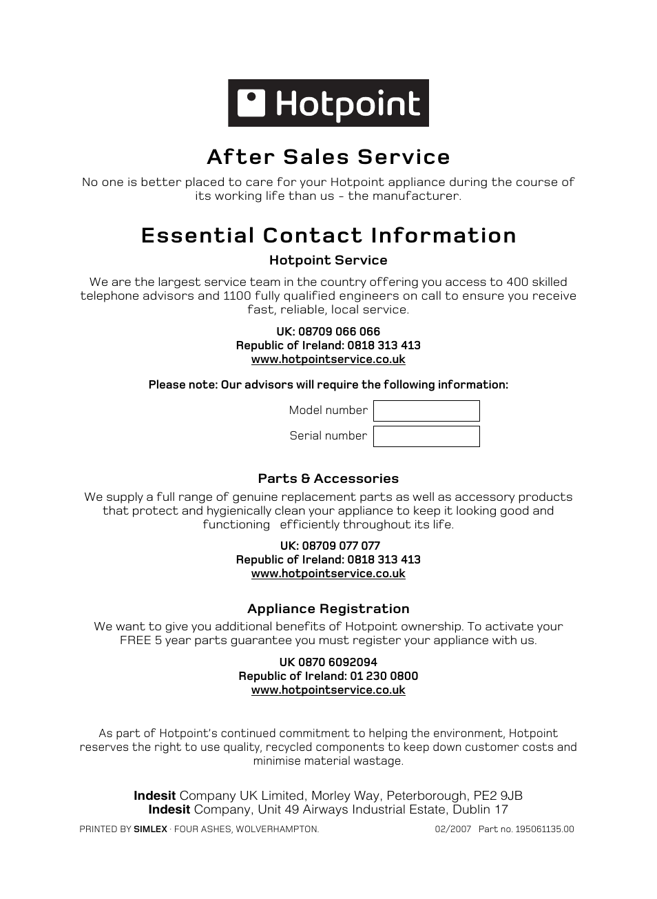 After sales service, Essential contact information | Hotpoint UE89X1 UQ89I User Manual | Page 36 / 36