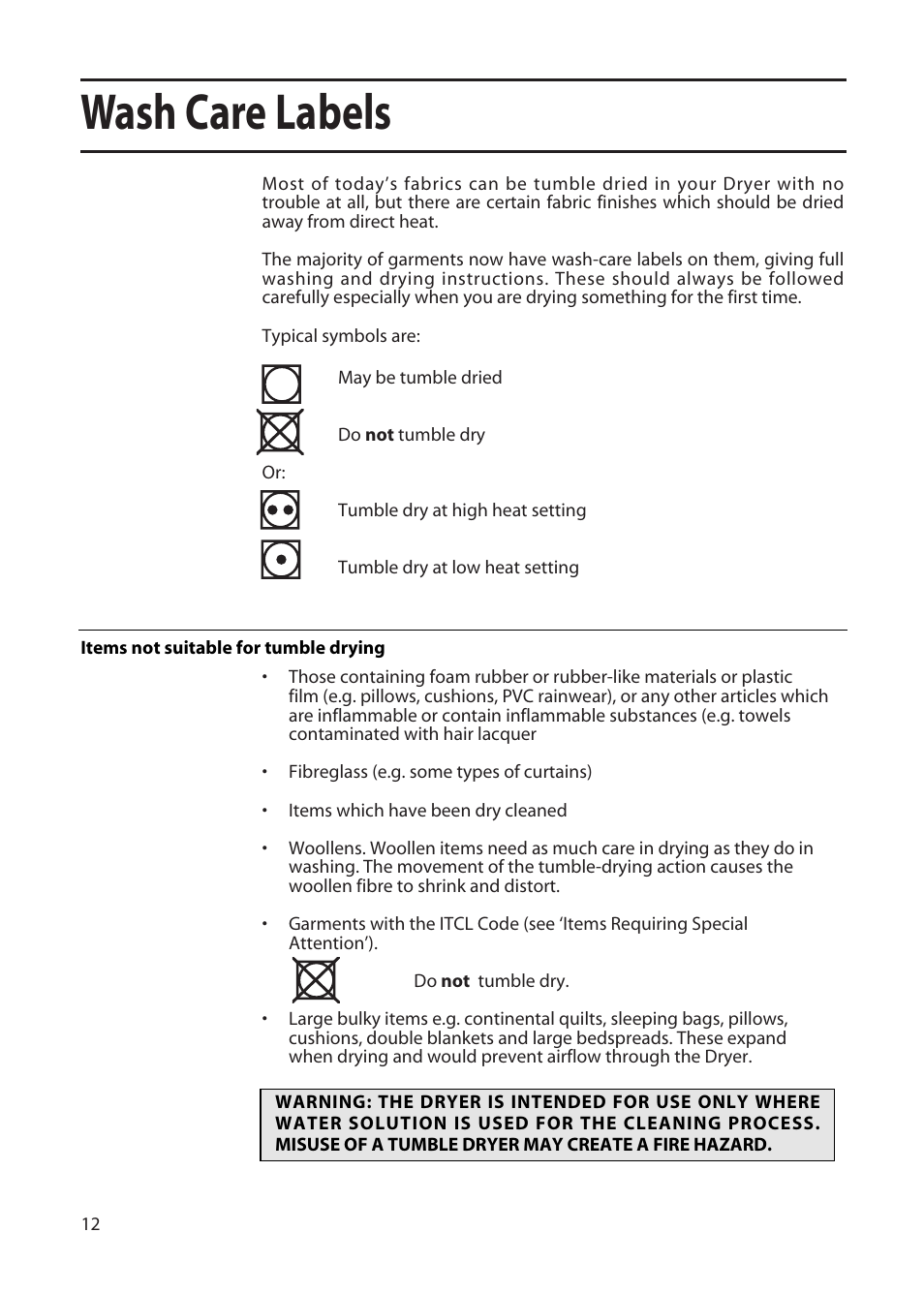 Wash care labels | Hotpoint TFA34 User Manual | Page 12 / 20