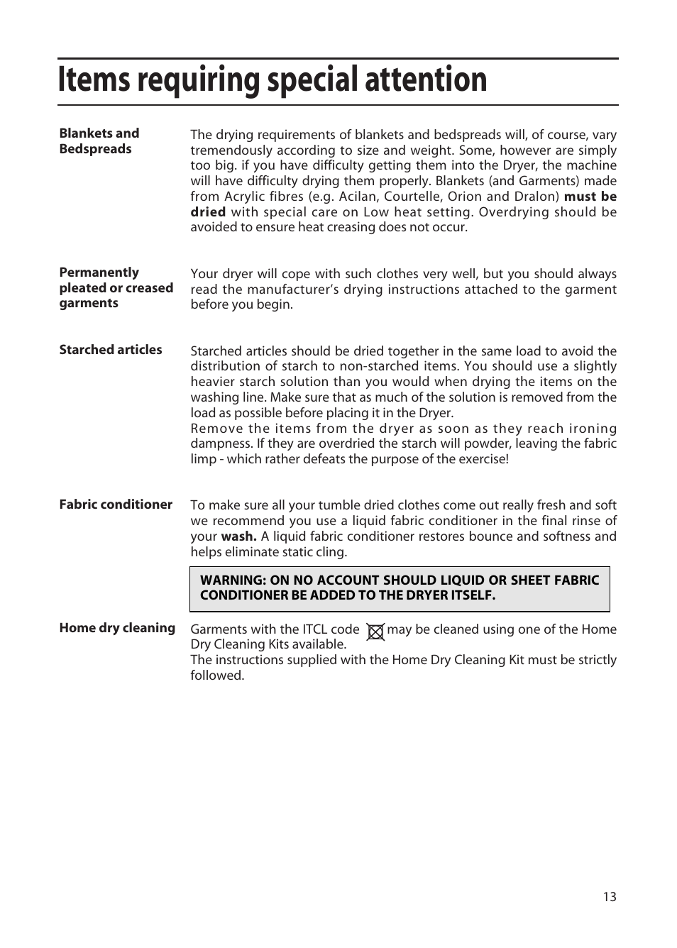 Items requiring special attention | Hotpoint TFA34 User Manual | Page 13 / 20