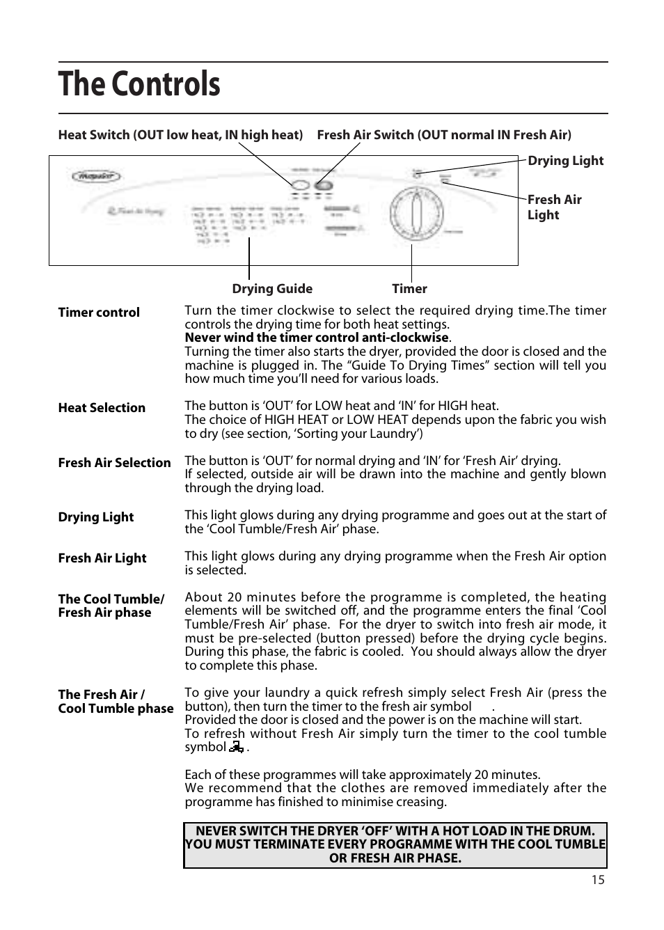 The controls | Hotpoint TFA34 User Manual | Page 15 / 20