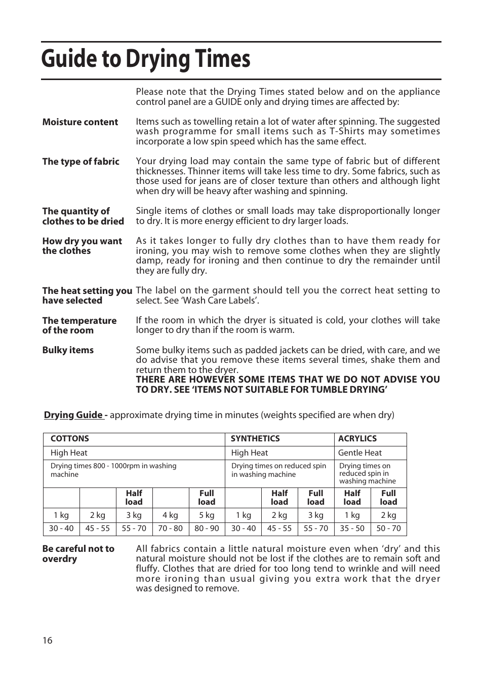 Guide to drying times | Hotpoint TFA34 User Manual | Page 16 / 20