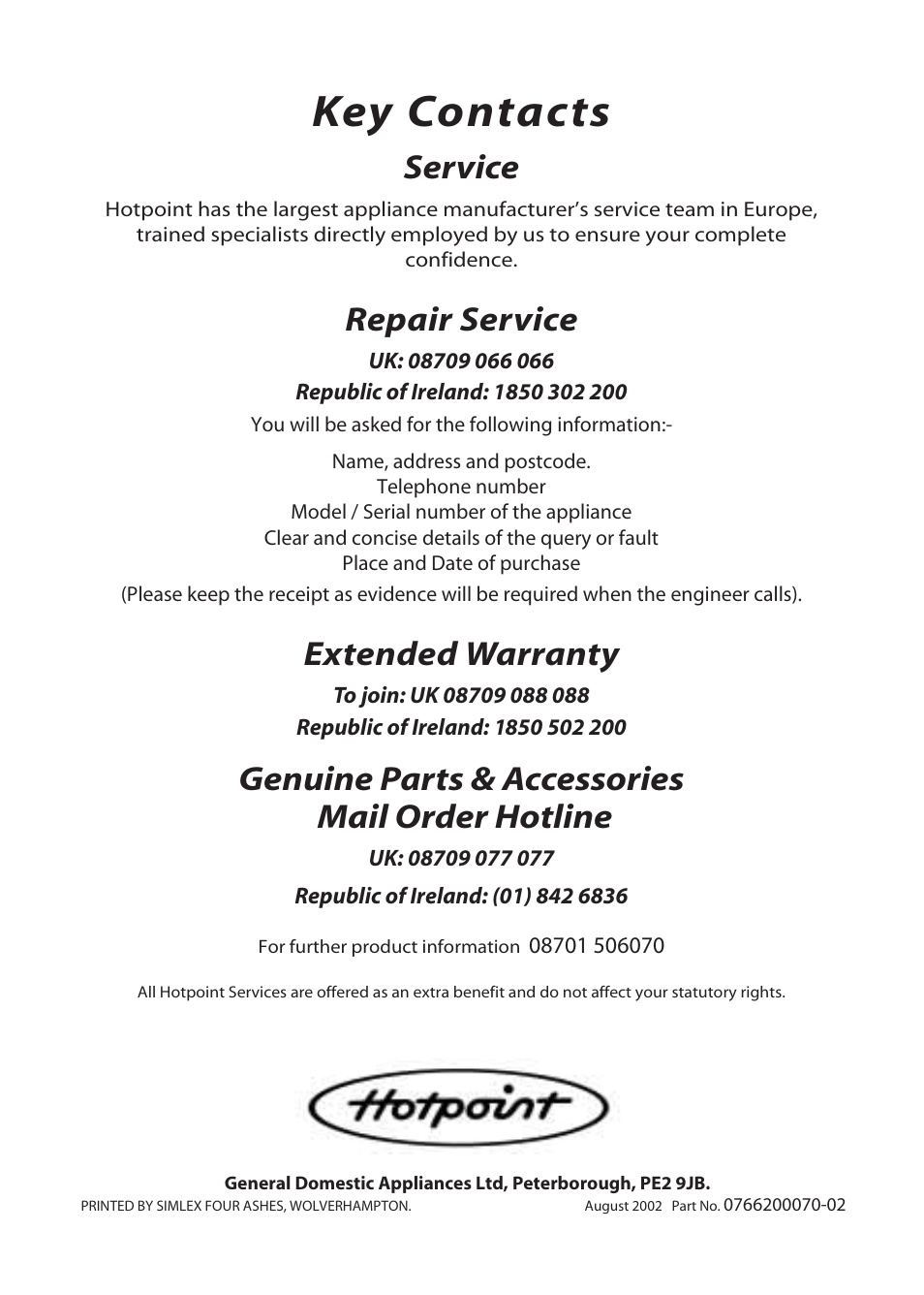 Key contacts, Service, Repair service | Extended warranty, Genuine parts & accessories mail order hotline | Hotpoint TFA34 User Manual | Page 20 / 20