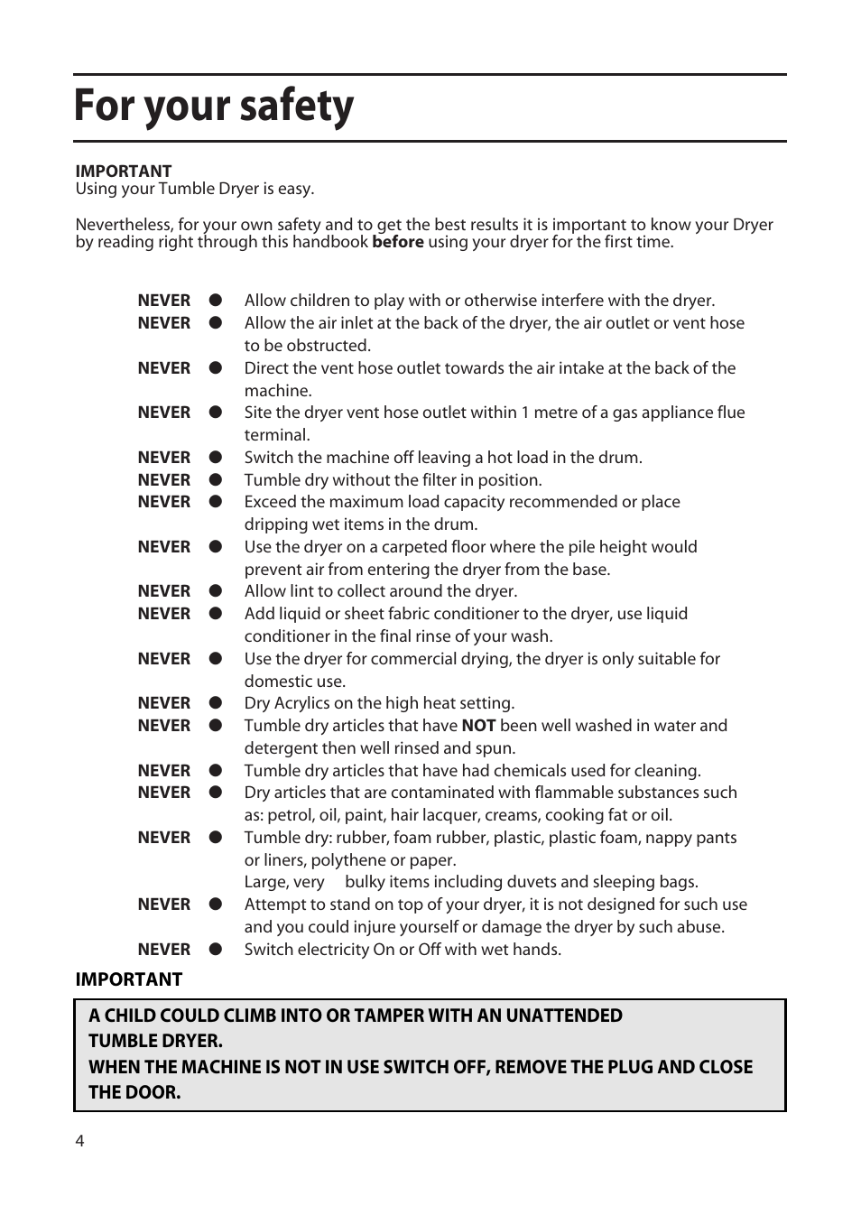 For your safety | Hotpoint TFA34 User Manual | Page 4 / 20