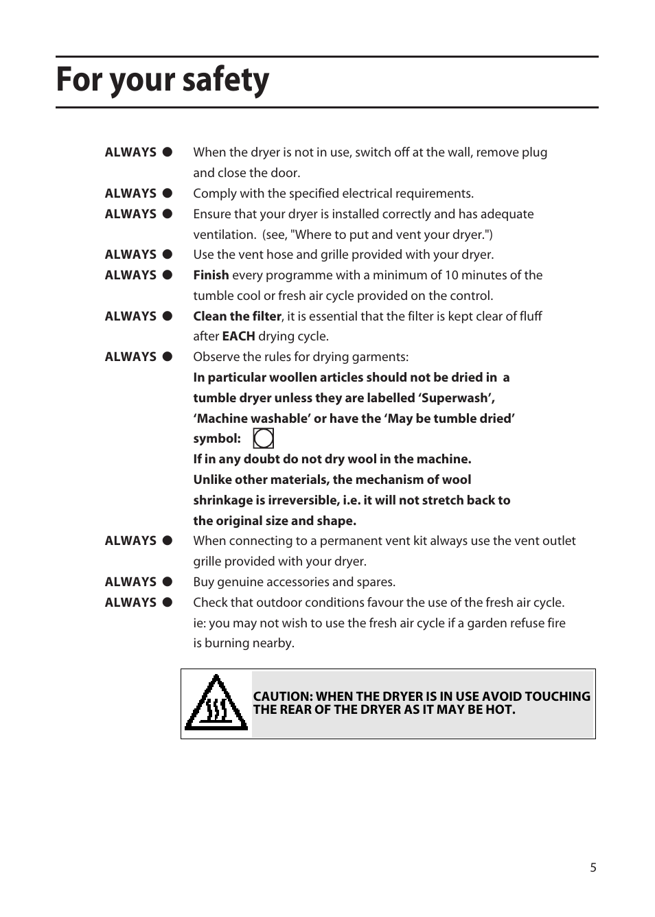 For your safety | Hotpoint TFA34 User Manual | Page 5 / 20