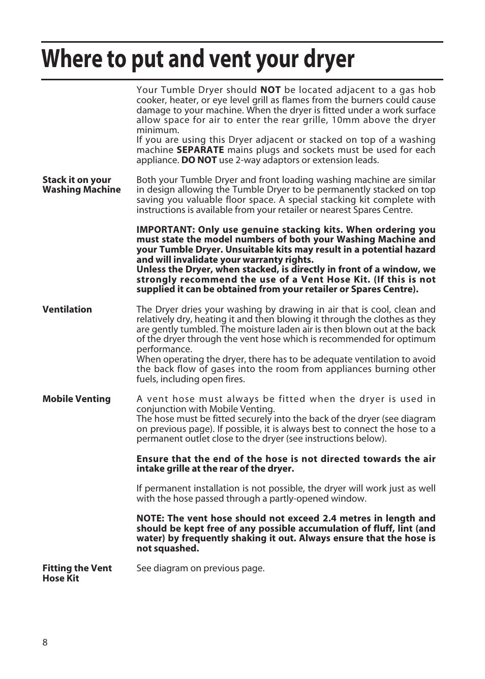 Where to put and vent your dryer | Hotpoint TFA34 User Manual | Page 8 / 20