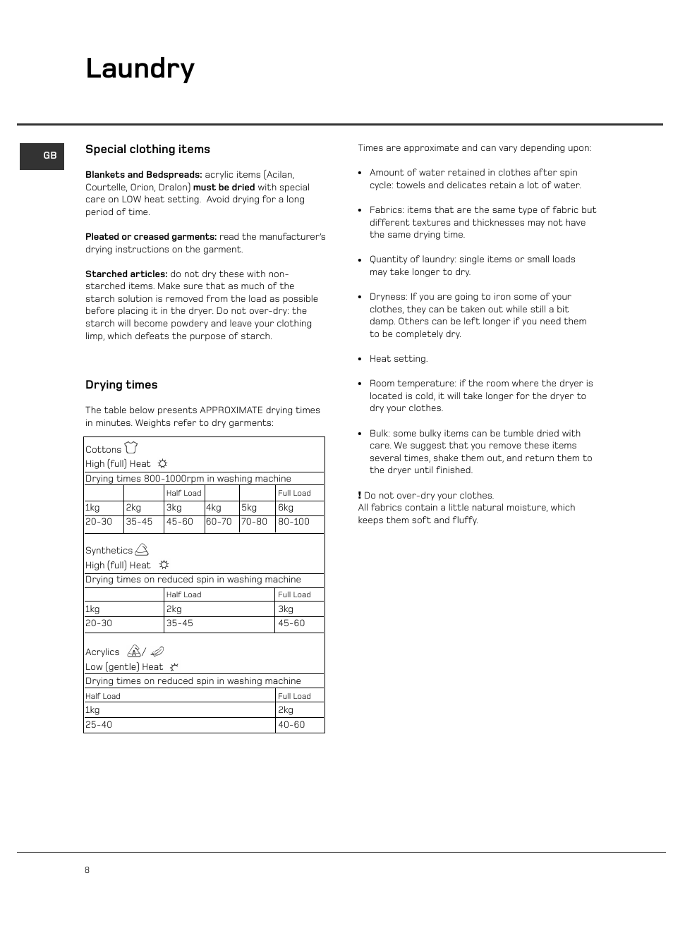 Laundry, Special clothing items, Drying times | Hotpoint VTD00 User Manual | Page 10 / 16