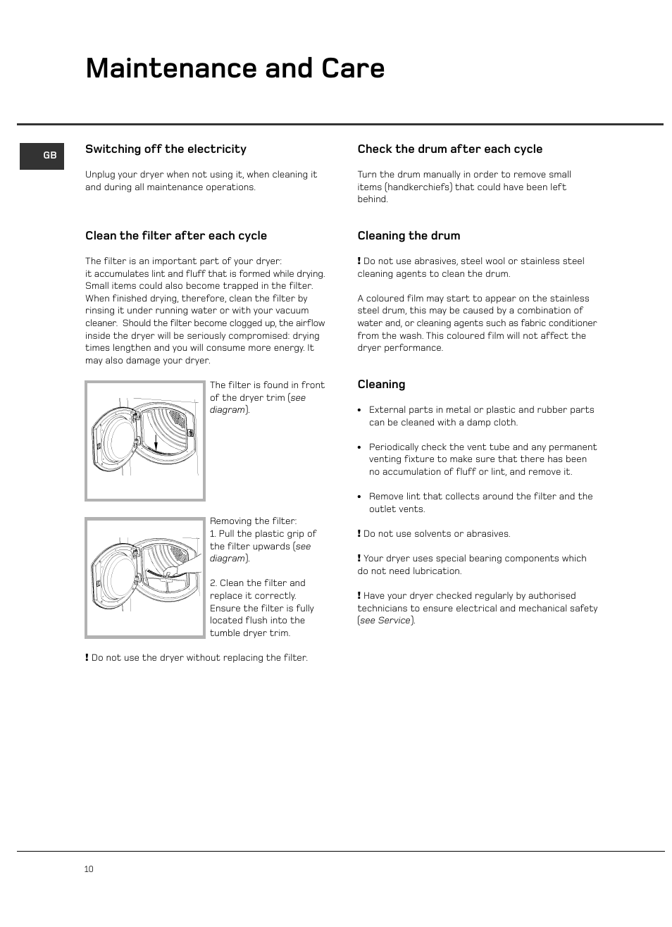 Maintenance and care | Hotpoint VTD00 User Manual | Page 12 / 16
