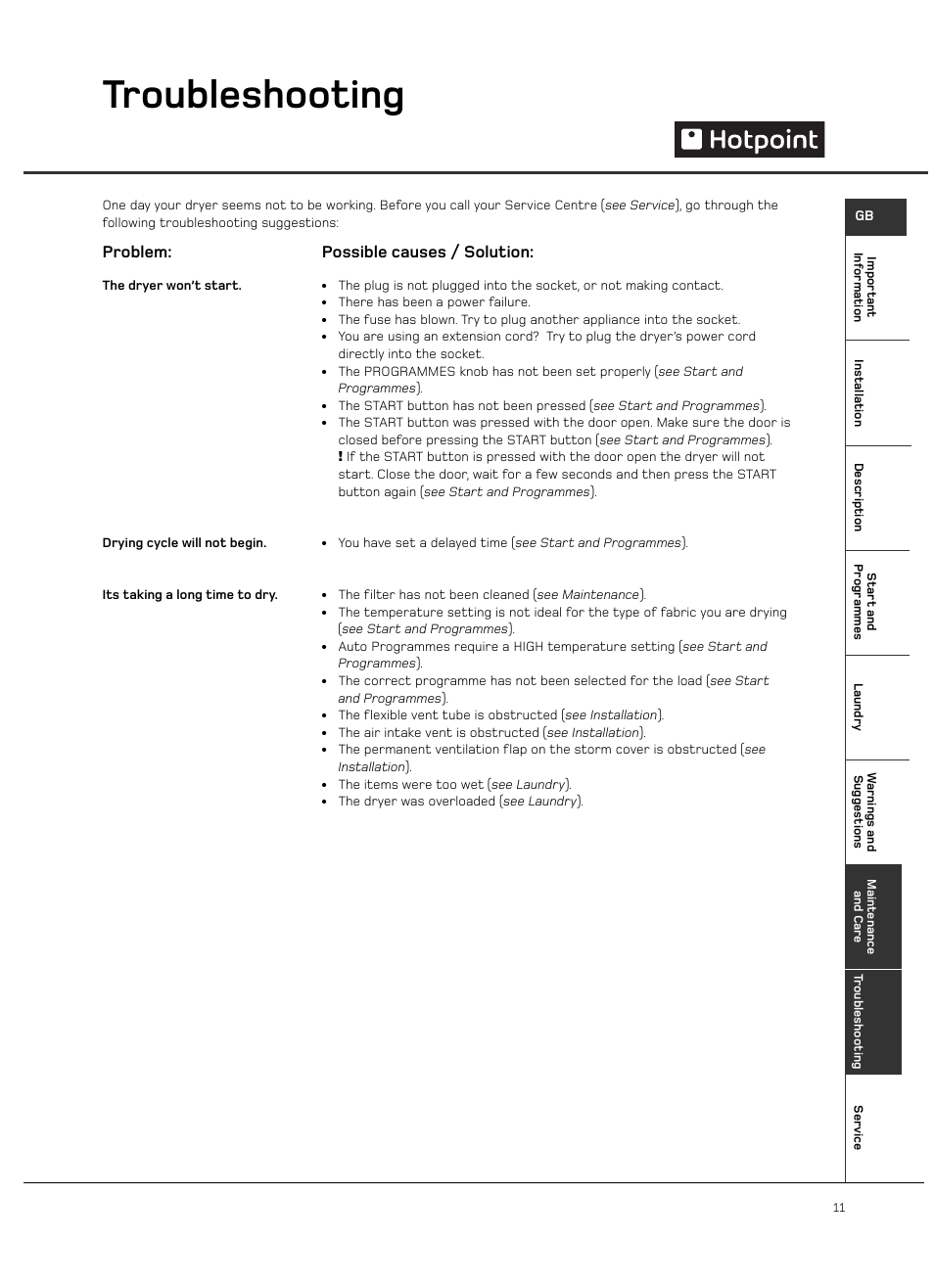 Troubleshooting, Problem, Possible causes / solution | Hotpoint VTD00 User Manual | Page 13 / 16