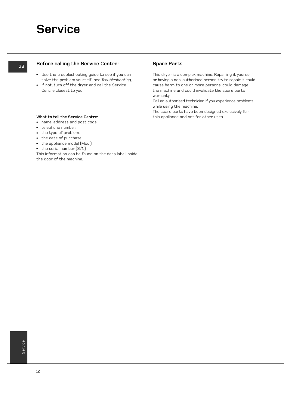 Service, Spare parts, Before calling the service centre | Hotpoint VTD00 User Manual | Page 14 / 16