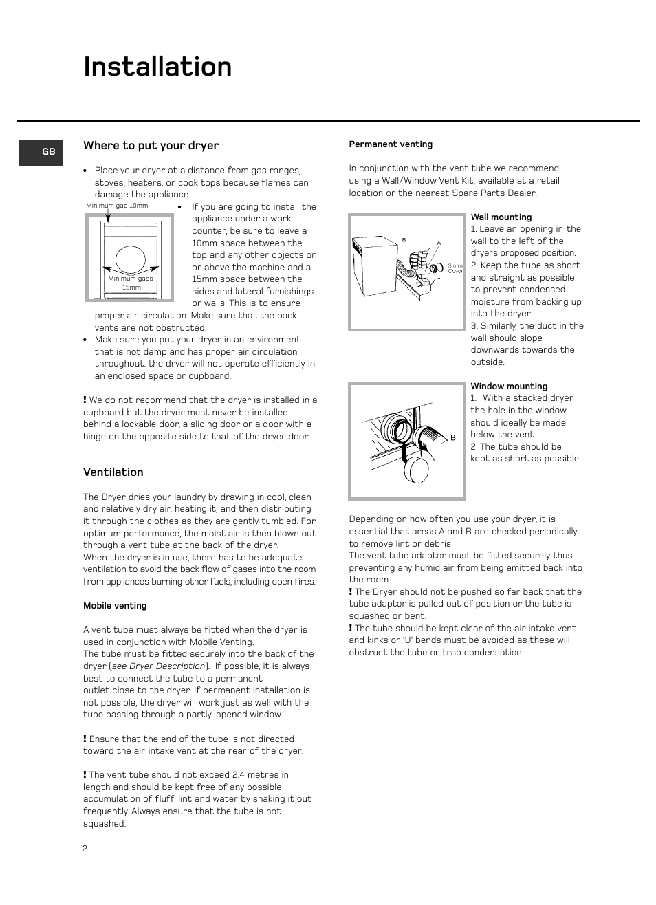 Installation, Where to put your dryer, Ventilation | Hotpoint VTD00 User Manual | Page 4 / 16