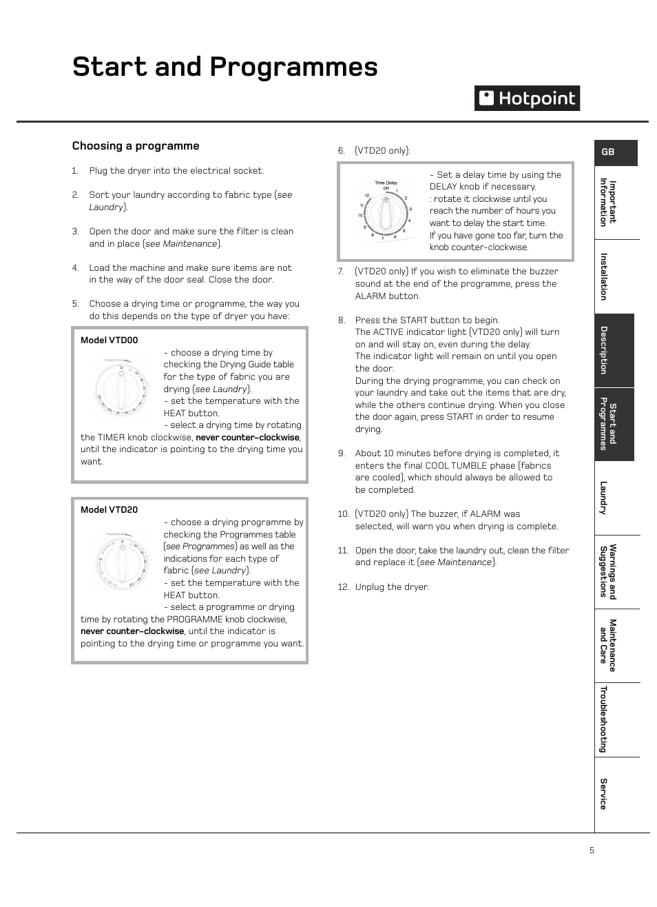 Start and programmes | Hotpoint VTD00 User Manual | Page 7 / 16