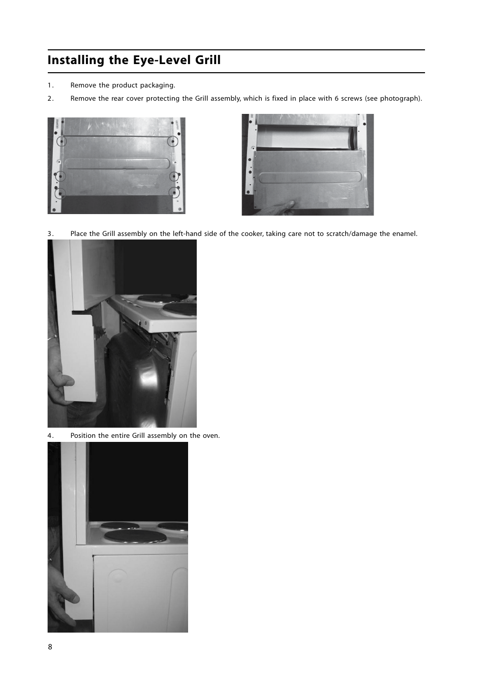 Installing the eye-level grill | Hotpoint HL500E User Manual | Page 8 / 28