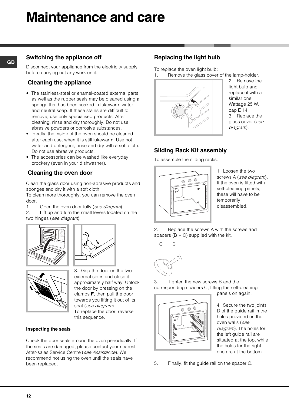 Maintenance and care | Hotpoint SQ872T - SE872X User Manual | Page 12 / 16