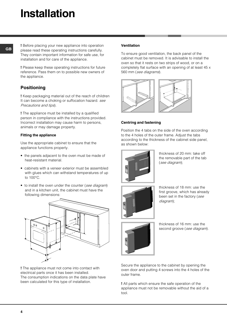 Installation, Positioning | Hotpoint SQ872T - SE872X User Manual | Page 4 / 16