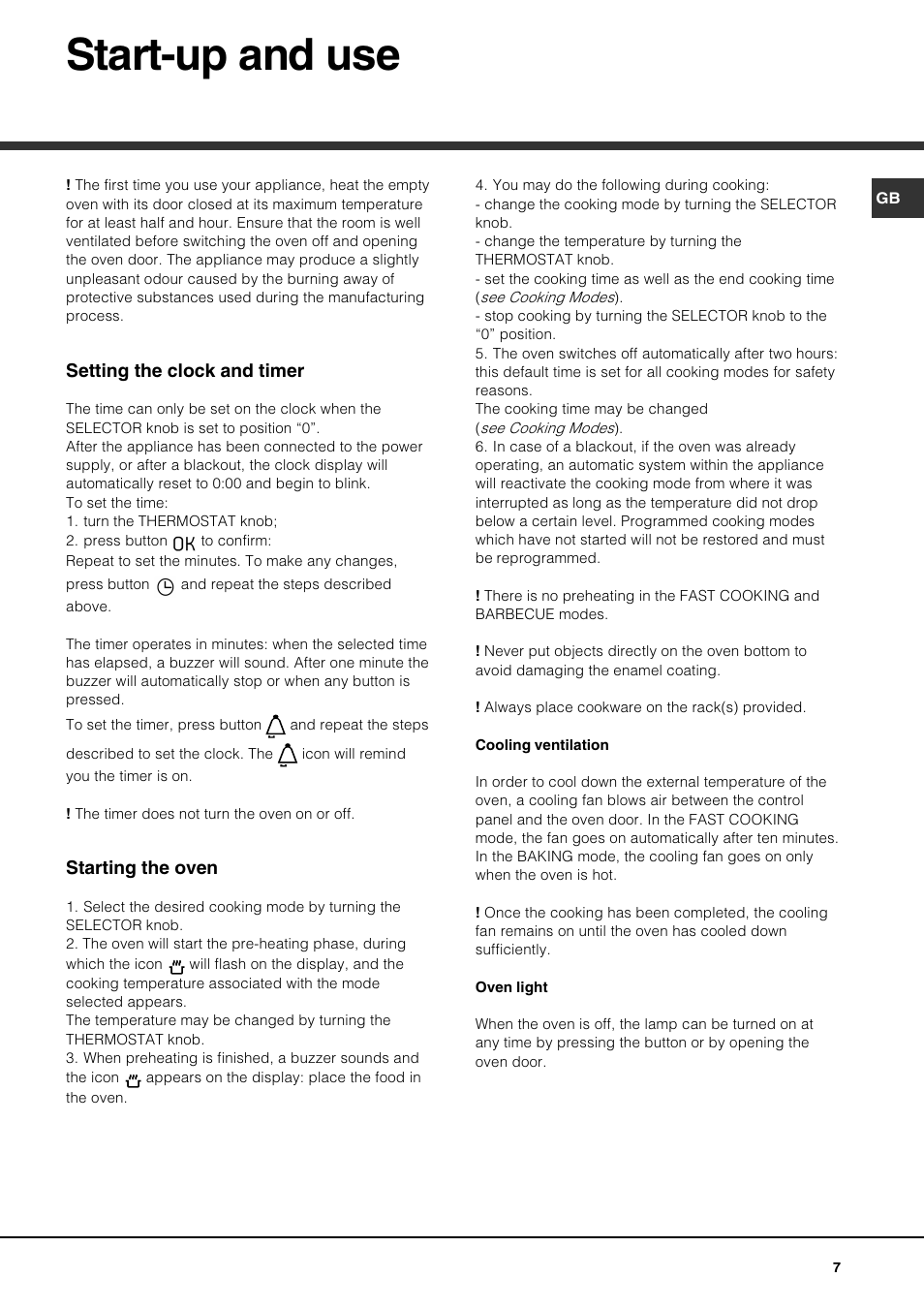 Start-up and use, Setting the clock and timer, Starting the oven | Hotpoint SQ872T - SE872X User Manual | Page 7 / 16