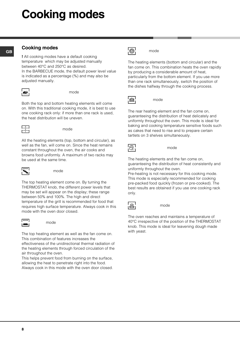 Cooking modes | Hotpoint SQ872T - SE872X User Manual | Page 8 / 16