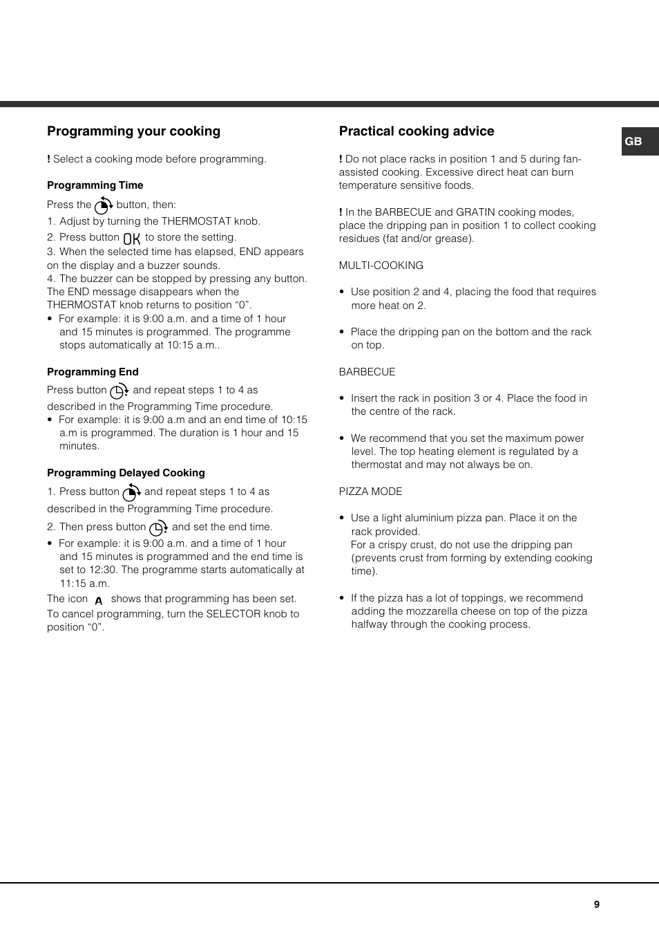 Programming your cooking, Practical cooking advice | Hotpoint SQ872T - SE872X User Manual | Page 9 / 16