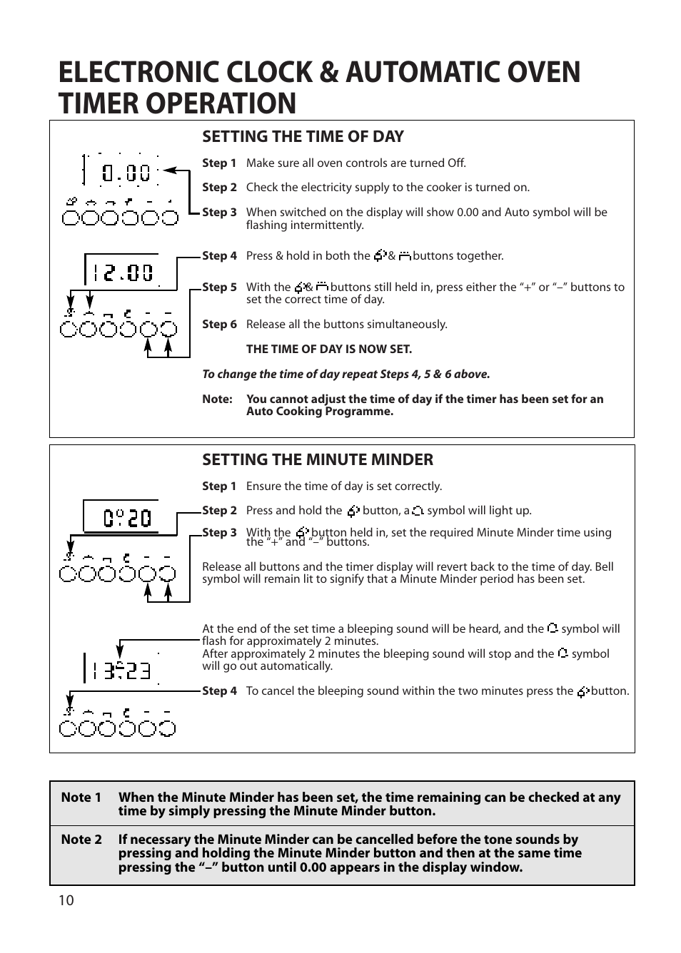 Electronic clock & automatic oven timer operation, Setting the time of day, Setting the minute minder | Hotpoint BU62 BU65 User Manual | Page 10 / 36