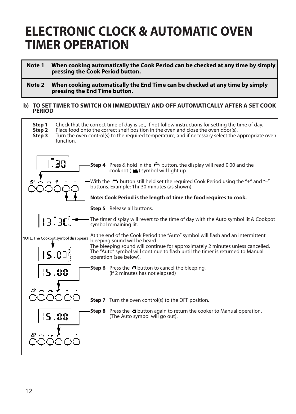 Electronic clock & automatic oven timer operation | Hotpoint BU62 BU65 User Manual | Page 12 / 36