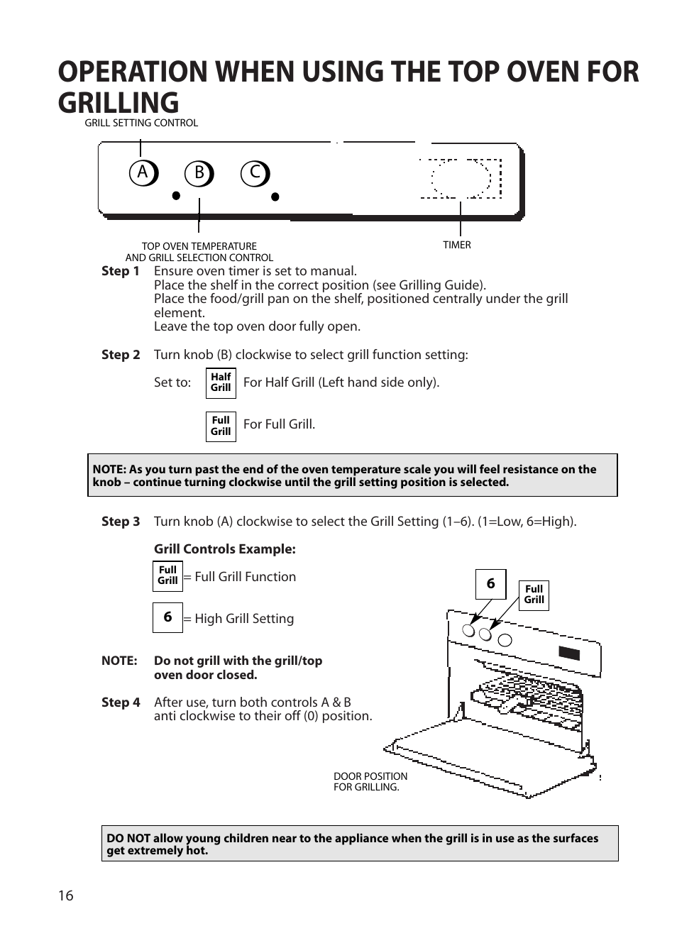 Operation when using the top oven for grilling, Ab c | Hotpoint BU62 BU65 User Manual | Page 16 / 36