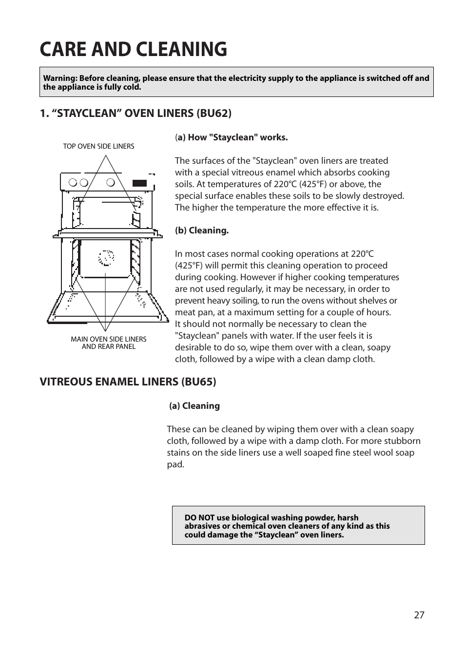 Care and cleaning | Hotpoint BU62 BU65 User Manual | Page 27 / 36