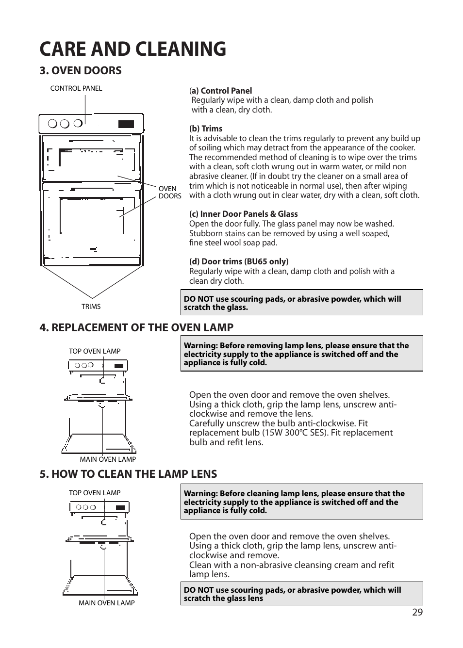 Care and cleaning, Oven doors, Replacement of the oven lamp | How to clean the lamp lens | Hotpoint BU62 BU65 User Manual | Page 29 / 36