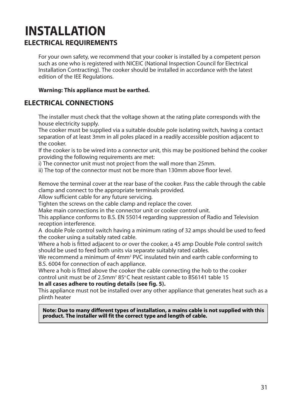 Installation, Electrical requirements, Electrical connections | Hotpoint BU62 BU65 User Manual | Page 31 / 36