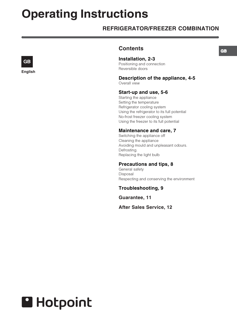 Hotpoint Refridgerator/Freezer Combination FFp187MG User Manual | 12 pages