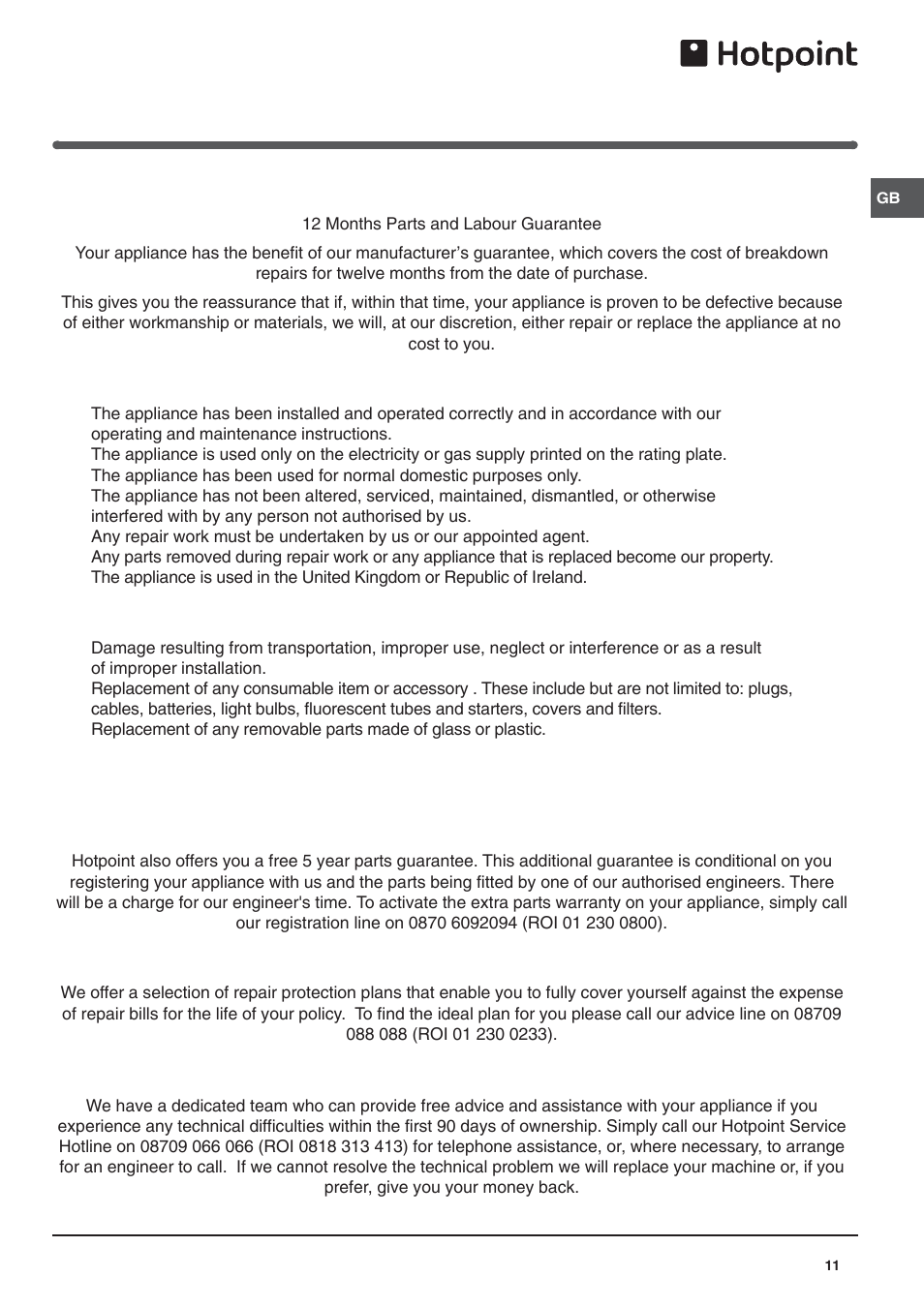 Guarantee | Hotpoint Refridgerator/Freezer Combination FFp187MG User Manual | Page 11 / 12