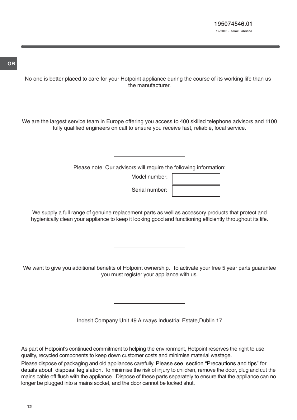 After sales service, Essential contact information, Recycling & disposal information | Hotpoint Refridgerator/Freezer Combination FFp187MG User Manual | Page 12 / 12