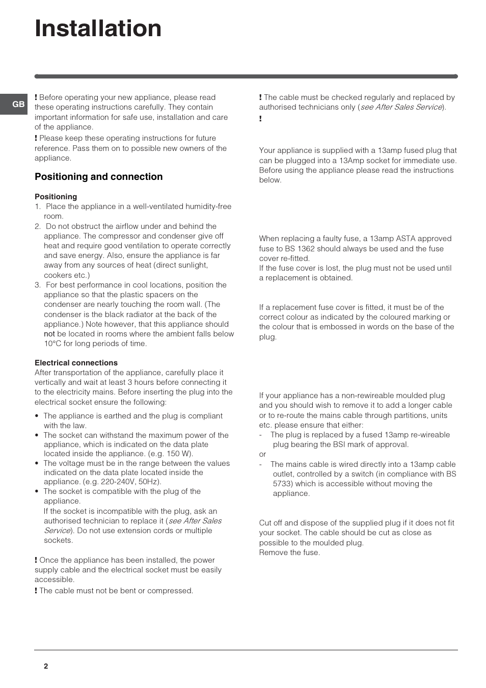 Installation, Positioning and connection | Hotpoint Refridgerator/Freezer Combination FFp187MG User Manual | Page 2 / 12