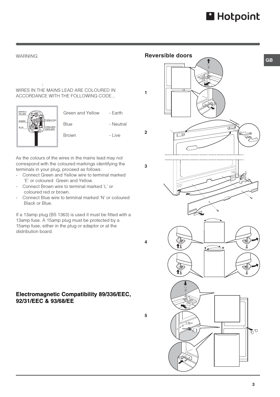 Reversible doors | Hotpoint Refridgerator/Freezer Combination FFp187MG User Manual | Page 3 / 12