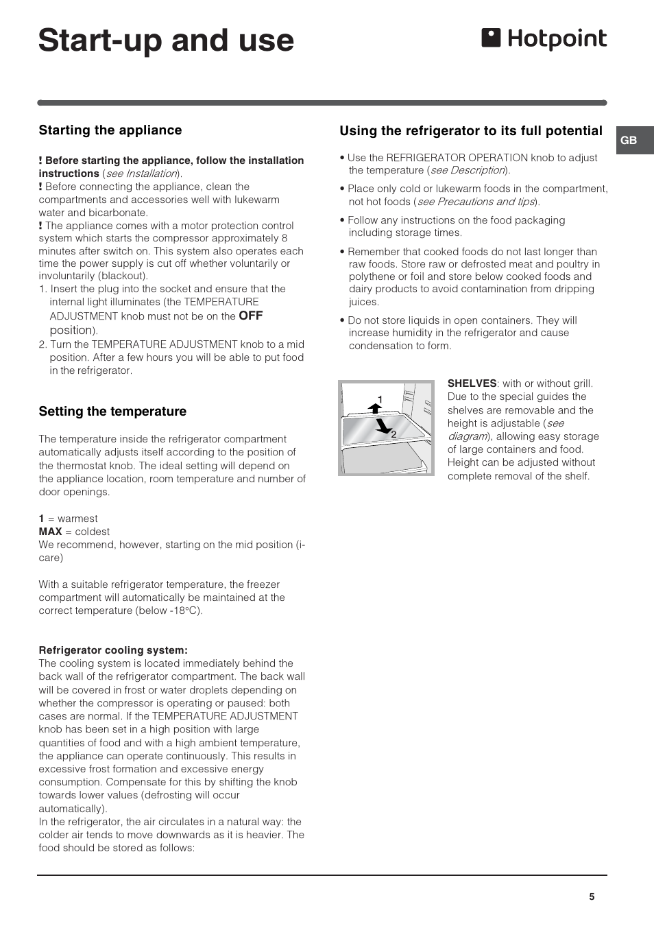 Start-up and use | Hotpoint Refridgerator/Freezer Combination FFp187MG User Manual | Page 5 / 12