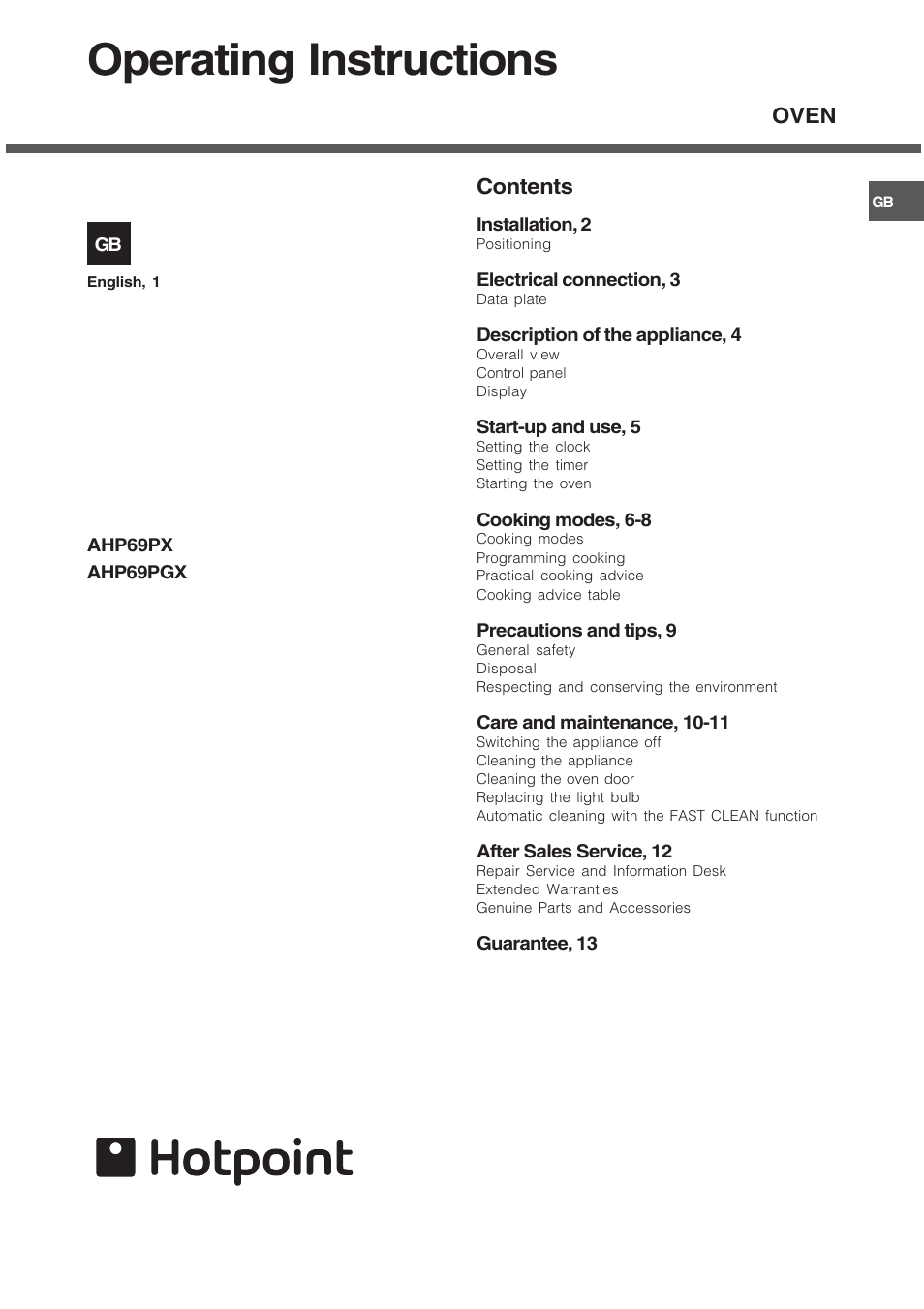 Hotpoint AHP69PGX User Manual | 16 pages