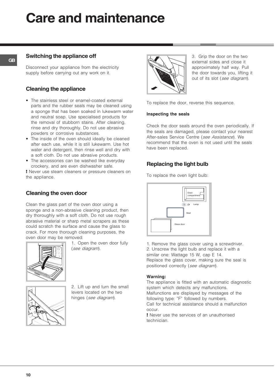 Care and maintenance, Switching the appliance off, Cleaning the appliance | Cleaning the oven door, Replacing the light bulb | Hotpoint AHP69PGX User Manual | Page 10 / 16