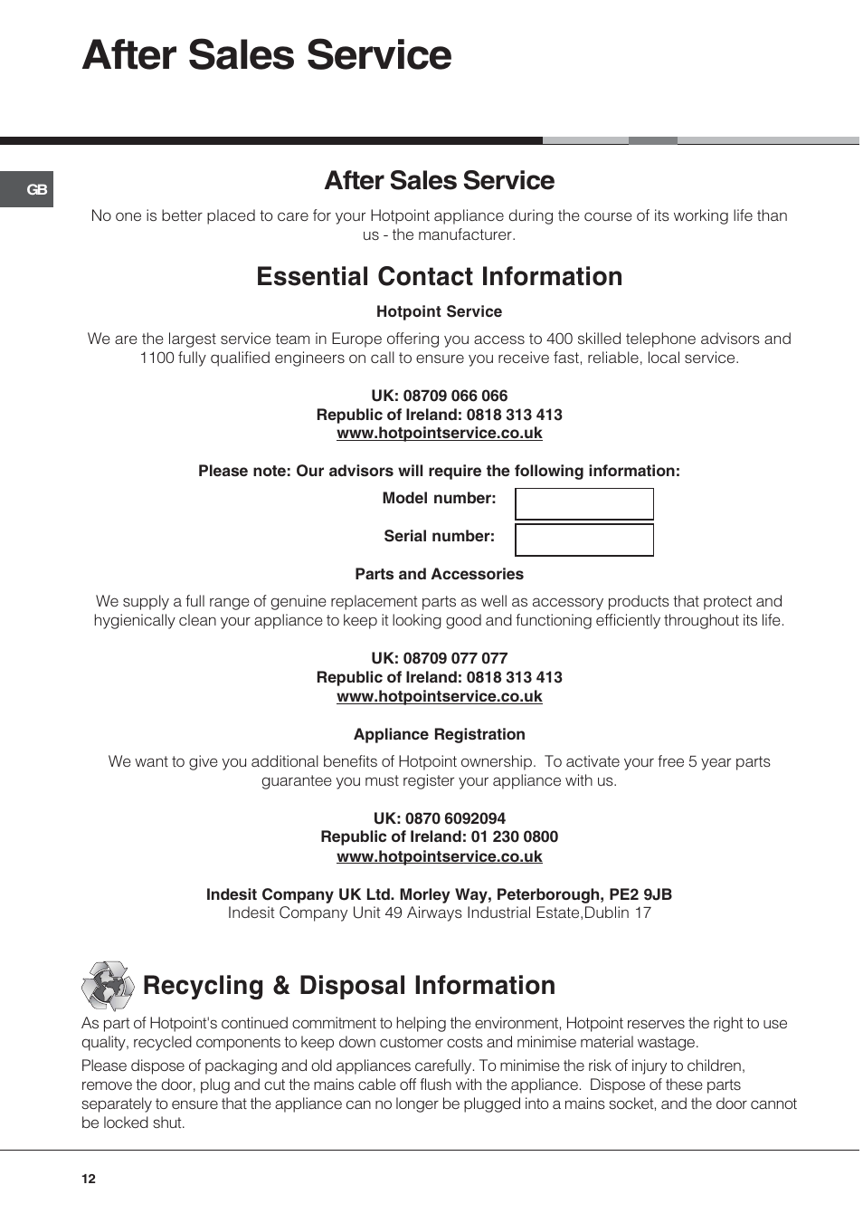 After sales service, Essential contact information, Recycling & disposal information | Hotpoint AHP69PGX User Manual | Page 12 / 16