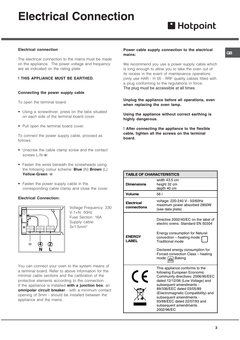 Electrical connection | Hotpoint AHP69PGX User Manual | Page 3 / 16
