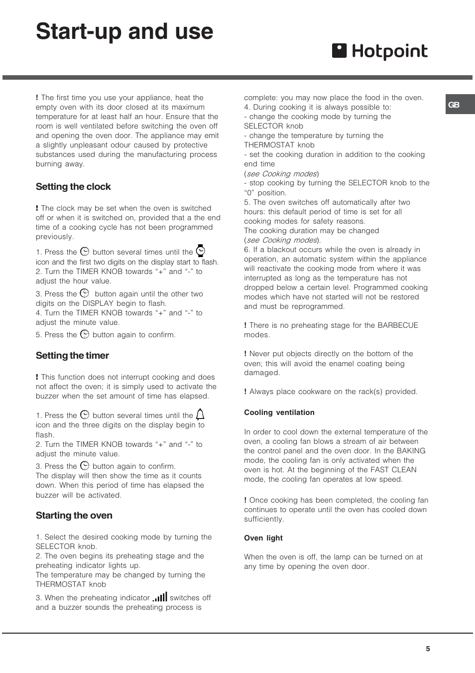 Start-up and use, Setting the clock, Setting the timer | Starting the oven | Hotpoint AHP69PGX User Manual | Page 5 / 16