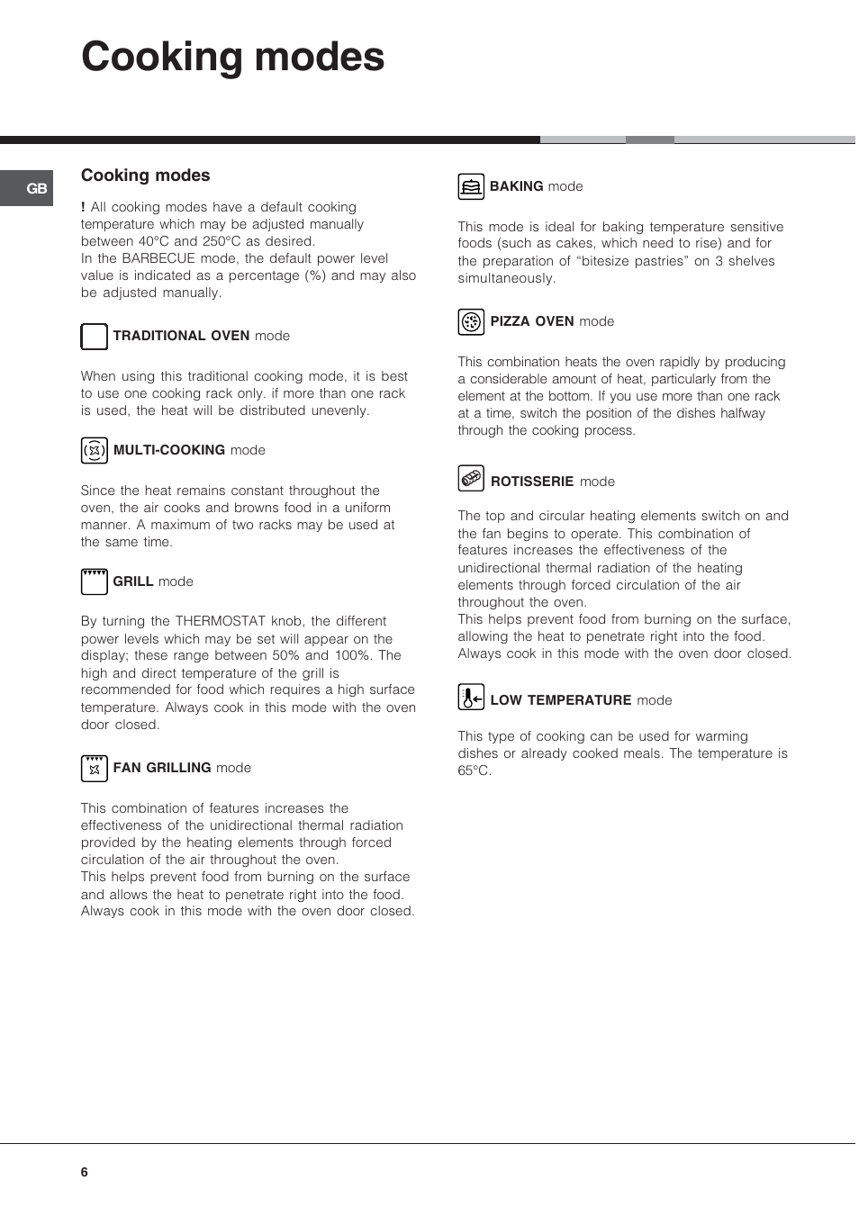 Cooking modes | Hotpoint AHP69PGX User Manual | Page 6 / 16