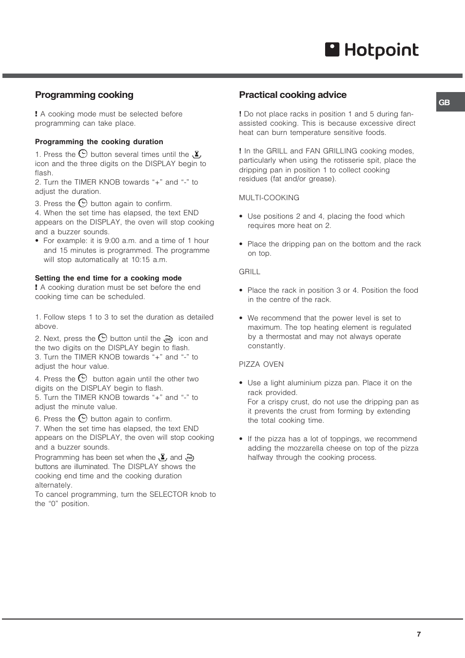 Programming cooking, Practical cooking advice | Hotpoint AHP69PGX User Manual | Page 7 / 16